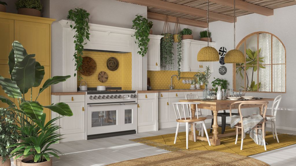 Kitchen,And,Dining,Room,With,Wooden,Details,In,Bohemian,Style.