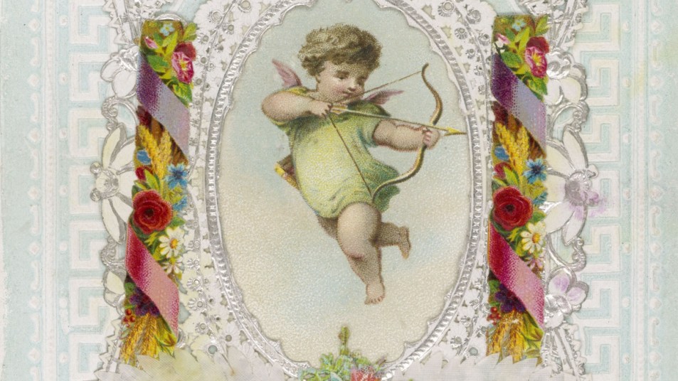 Valentines Day card showing cupid with bow and arrow from 1870