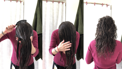 3 picture collage demonstrating the bowl method for curly hair, woman brushing wet hair