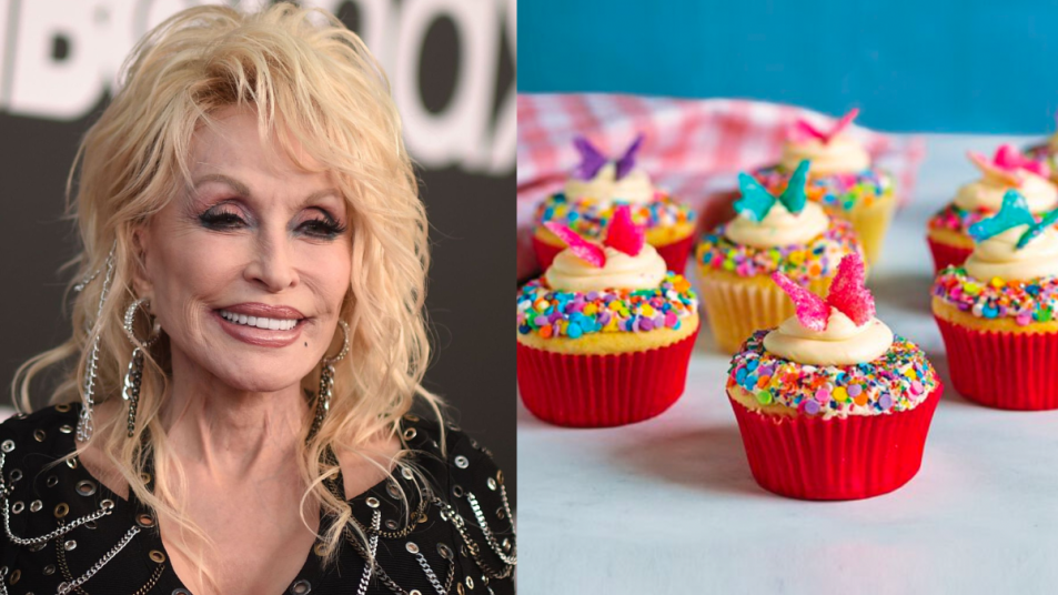 Side-by-side of musician Dolly Parton and her cupcakes