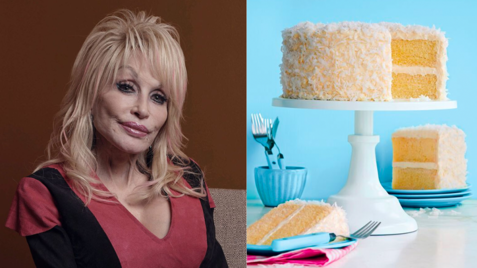 Side-by-side of musician Dolly Parton and her coconut cake