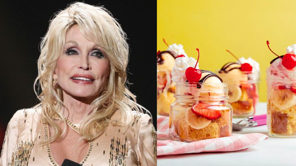Side-by-side of musician Dolly Parton and her banana split cakes in jars