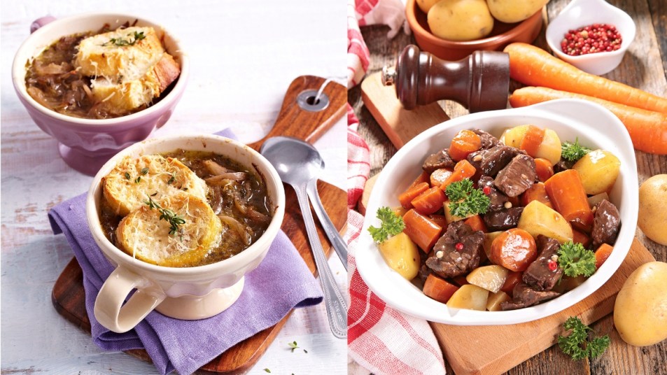 French Onion Soup and Beef Stew Collage Photos