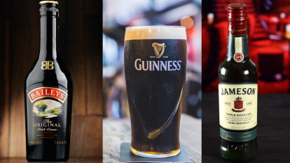 Bottle of Baileys, pint of Guinness, and bottle of Jameson