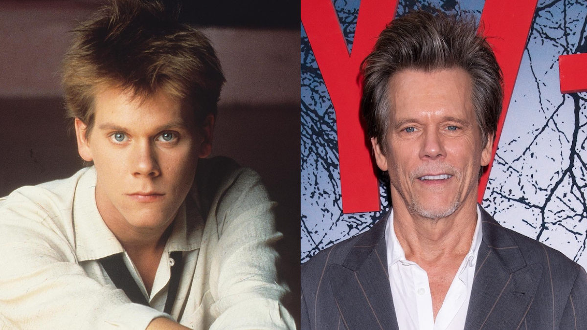 Side-by-side of actor Kevin Bacon in '80s and now