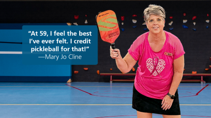 Mary Jo Cline with a pickleball racket
