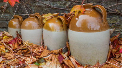 collection of four vintage brown stoneware jugs in leaves