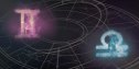 Gemini and Libra zodiac symbols floating in the night sky