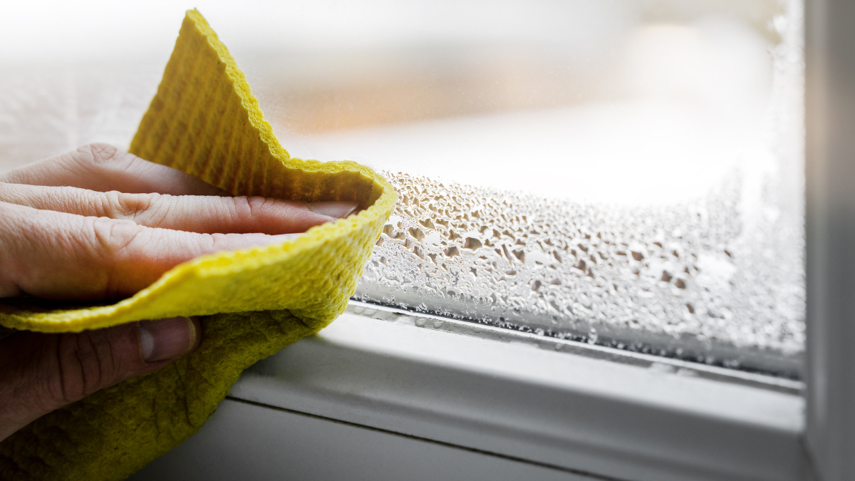 hand wiping down window with yellow cloth