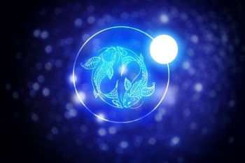 Astrology sign Pisces (two fish) against starry sky