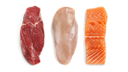 protein sources for weight loss: raw beef, chicken, and salmon