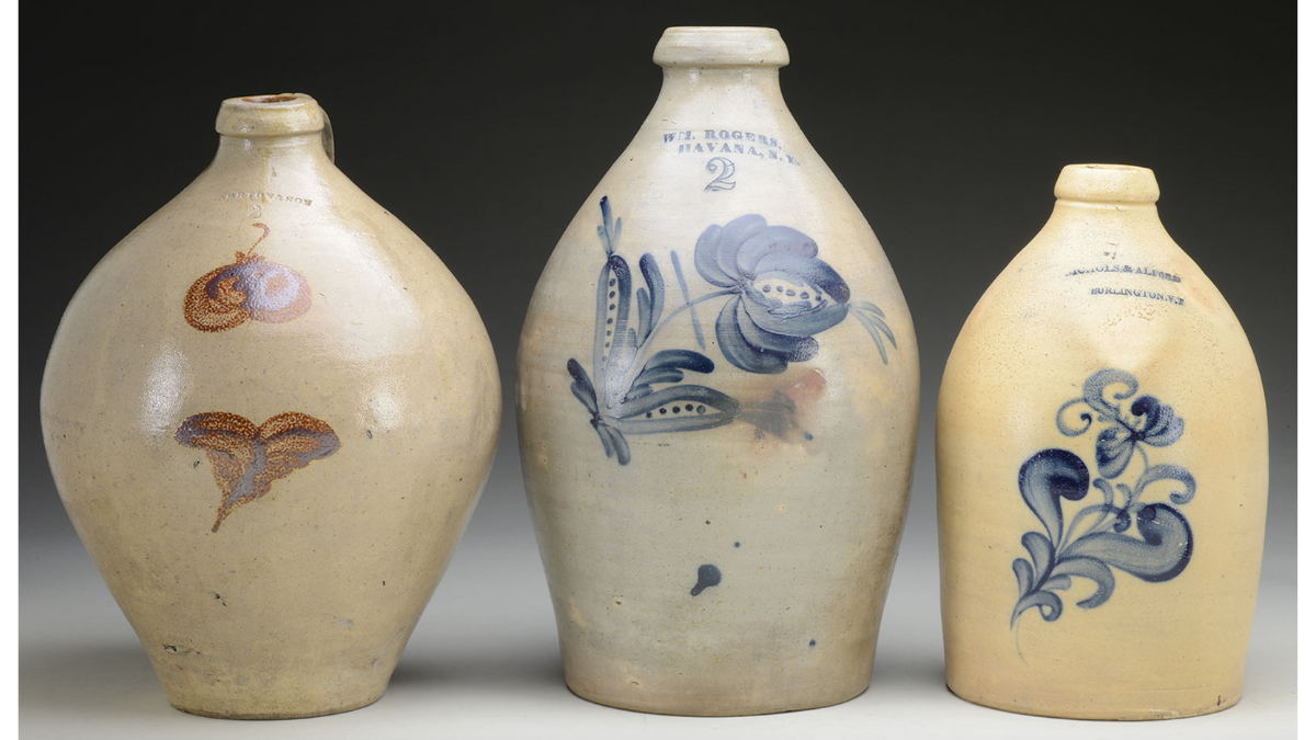 set of three rare stoneware jugs from NY and VT