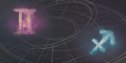 Gemini and Sagittarius zodiac symbols floating in the night sky