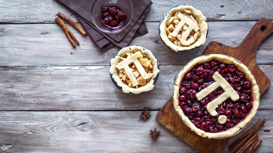 Pies decorated with Pi symbol for Pi Day