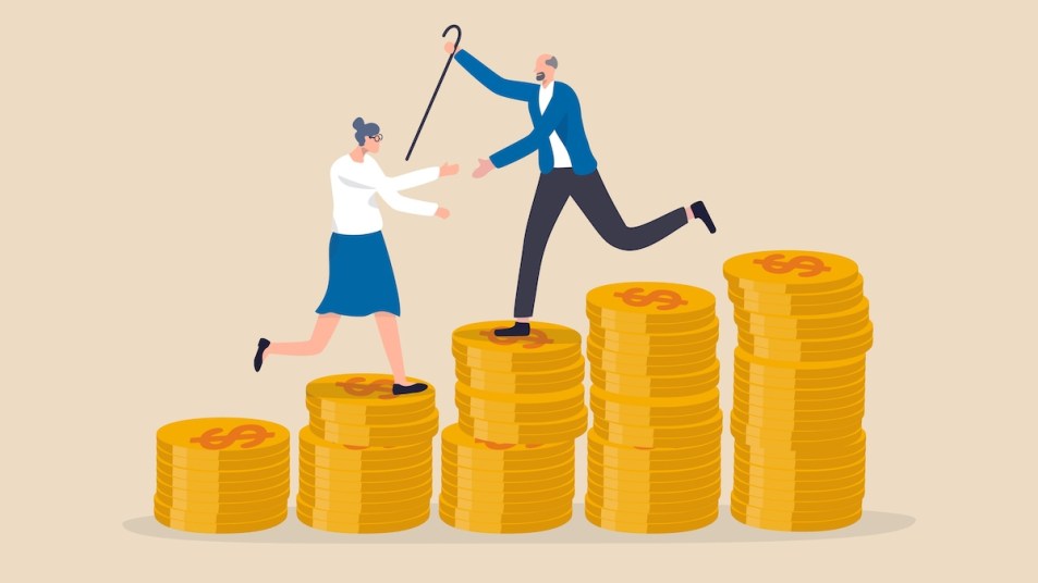 Illustration of man and woman walking up piles of coins, symbolizing retirement savings