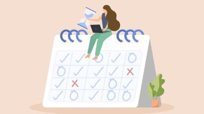 Illustration of woman sitting on calendar and holding hourglass and laptop