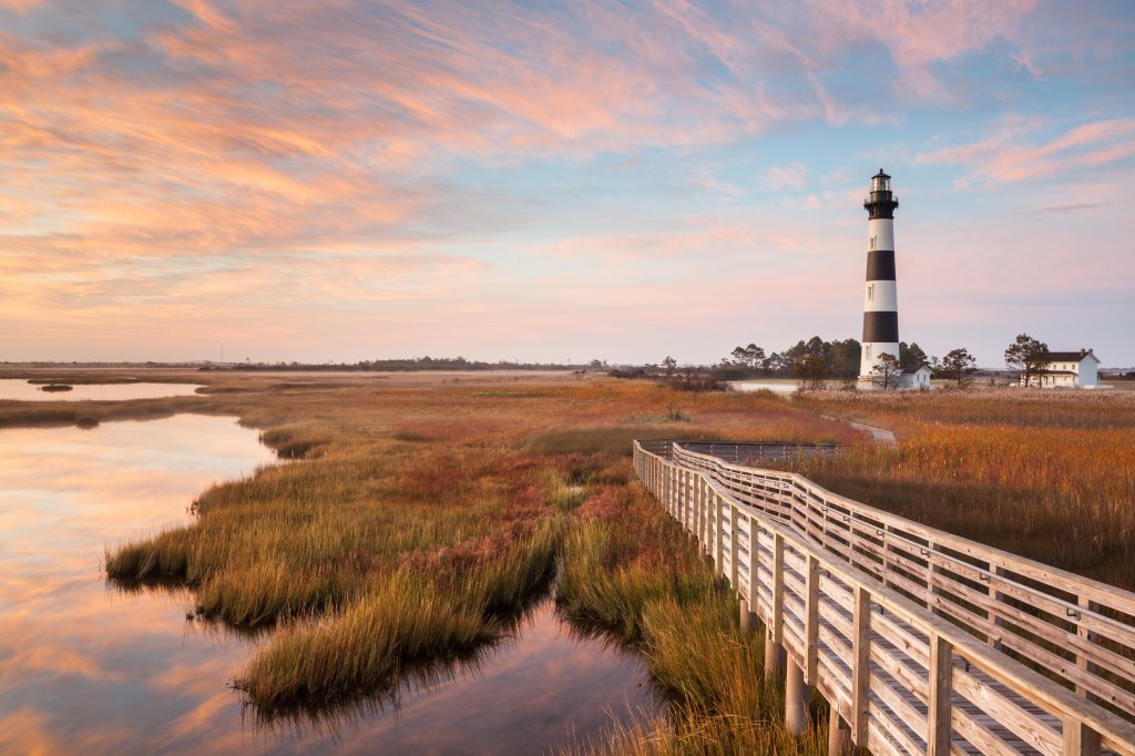 Bodie,Island,Lighthouse,And,Boardwalk,Autumn,Landscape,On,The,Cape