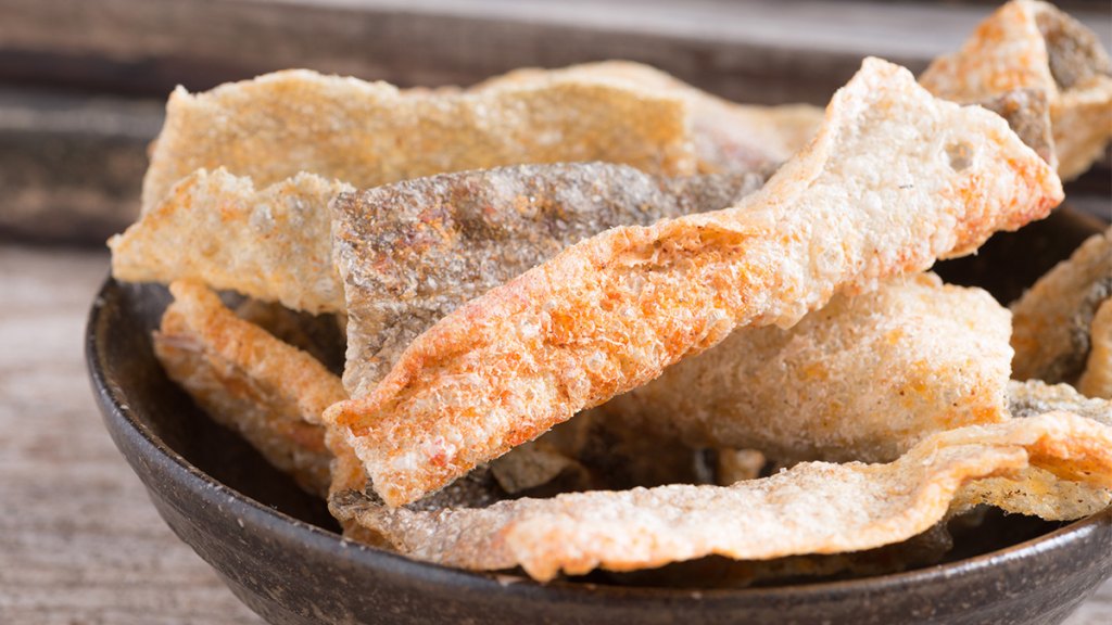 Crispy salmon skin on a plate