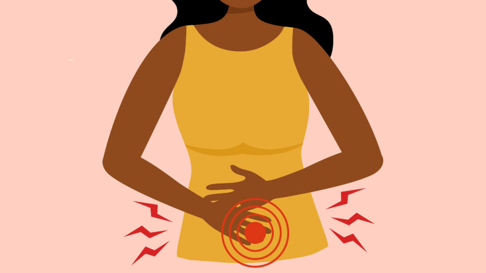 illustration of woman holding her gut, red inflammation radiating out