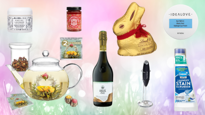 easter gifts for adults, featuring face masks, glass teapot, jam, gold bunny, champagne, milk frother, eye patches, and stain remover