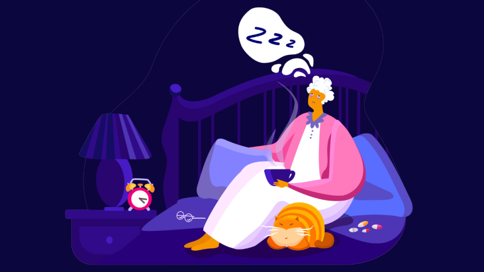 illustration of mature woman suffering from a lack of sleep, with potential nutrient deficiencies, holding cup of tea, next to cat, dark purple background