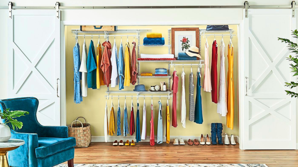clutter free closet in front of hardwood floor and blue chair