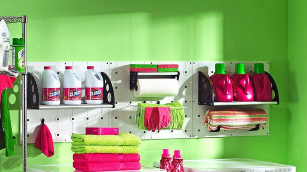 shelves above laundry machines