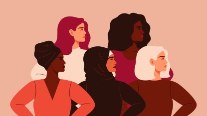 Illustration of 5 women of different nationalities and cultures standing together and looking off to side