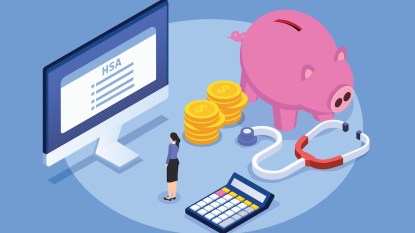 Illustration of woman looking at HSA form on computer, with piggy bank, change, stethoscope, and calculator