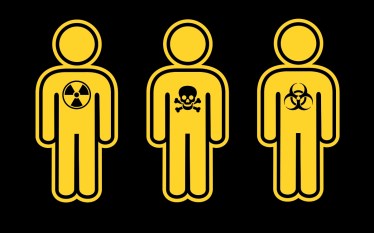 Three cartoon figures with toxic symbols on their bodies