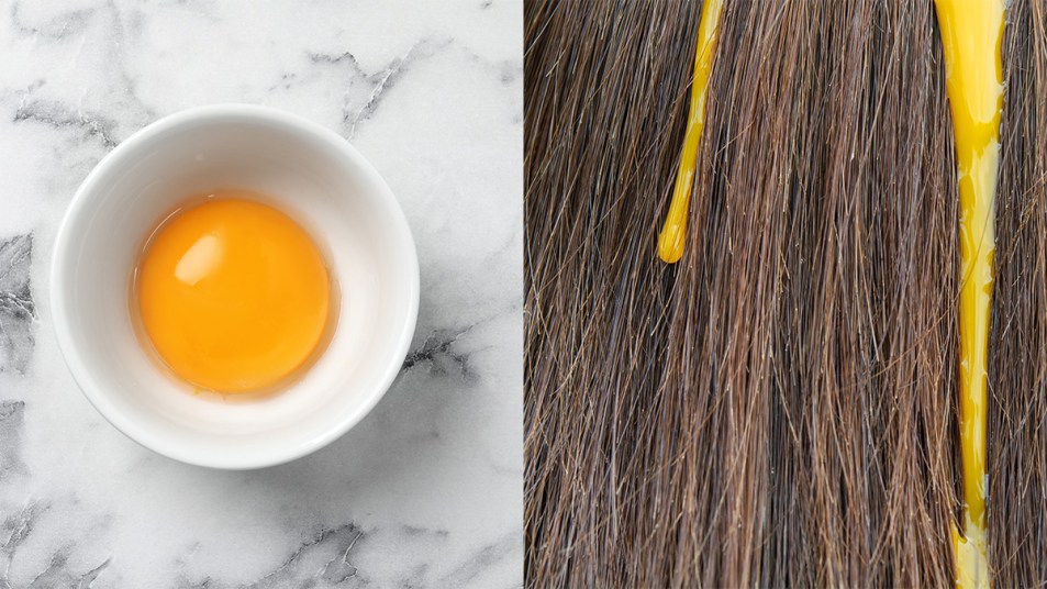 A side by side of an egg yolk then an egg mask in hair