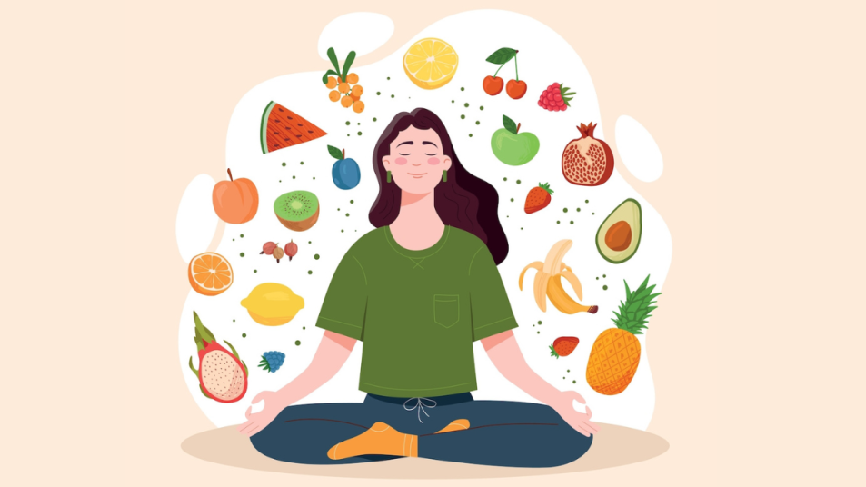 Illustration of woman meditating while surrounded by fruits and vegetables