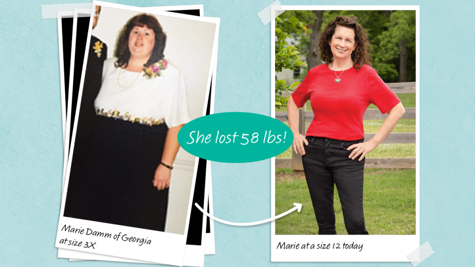 Before and after of Marie Damm who lost 58 lbs with the help of cottage cheese