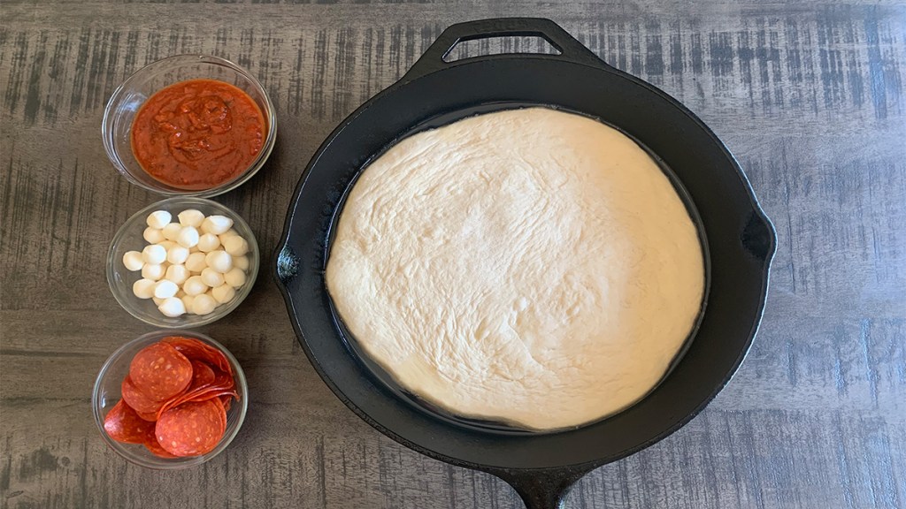 Step 1 of making cast iron skillet pizza