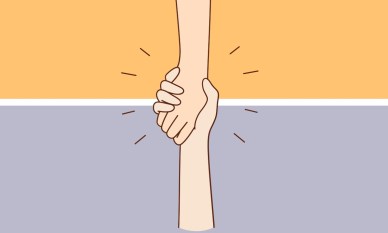 Illustration of one helping hand reaching down to grab/support another hand