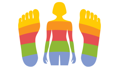 illustration of two feet and a female body, colors correspond to certain areas on body, concept for back pain