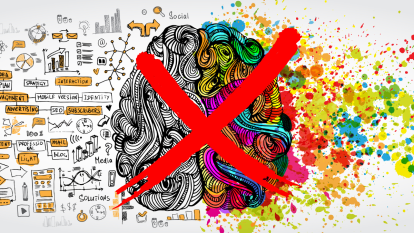 illustration of left and right brain divided by logic and creativity with red X through it, concept