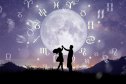 Couple dancing over the zodiac wheel and moon background