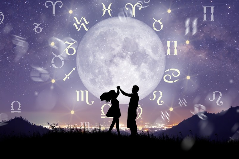 Couple dancing over the zodiac wheel and moon background