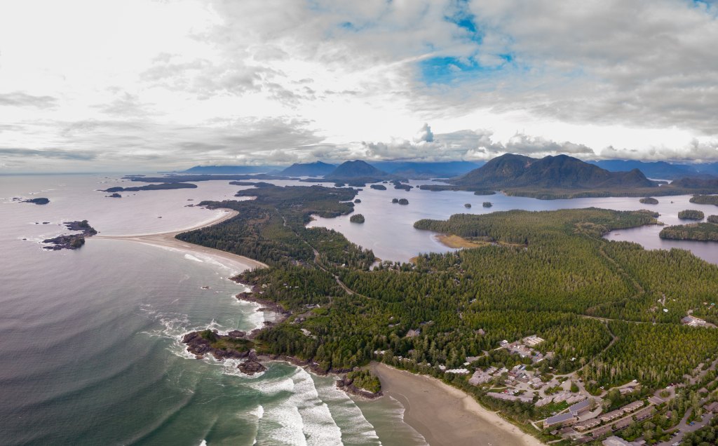 Aerial,View,Over,Tofino,Pacific,Rim,National,Park,With,Drone