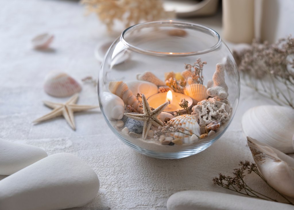 The,Candlestick,In,Sea,Style,With,Burning,Candle,,Decorated,With