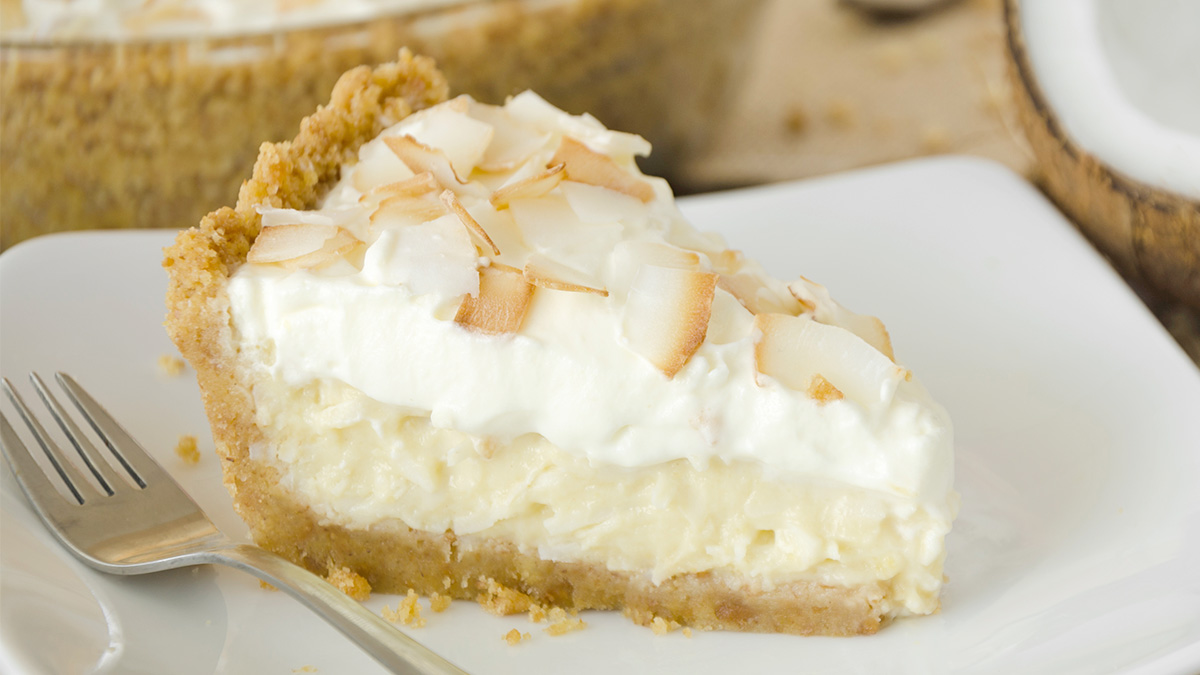 A slice of coconut cream pie