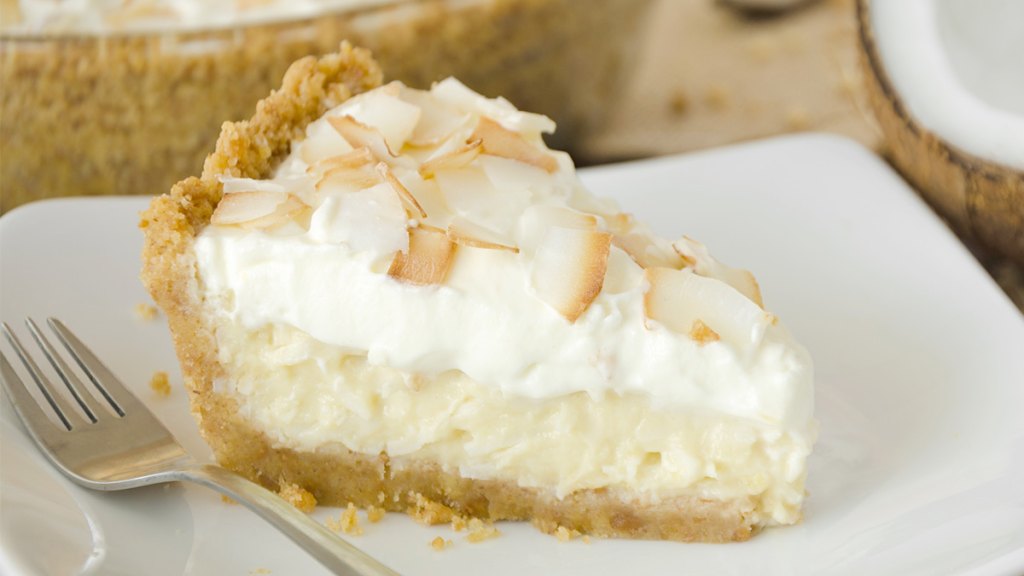 A slice of coconut cream pie