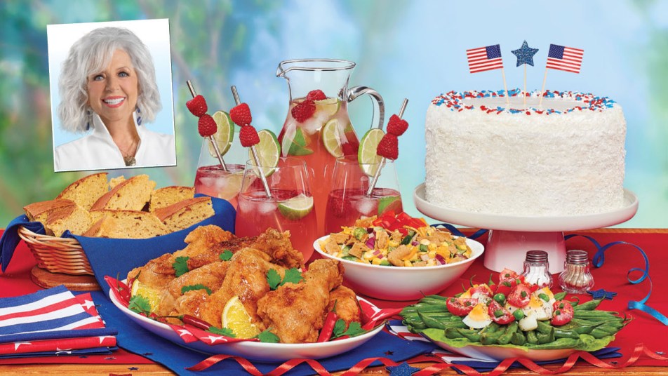 Paula Deen's 4th of July feast with fried chicken, cornbread, corn Frito salad, green salad and coconut cake