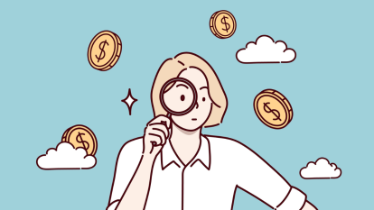 illustration of woman searching for coins in clouds, concept for savings and freebies