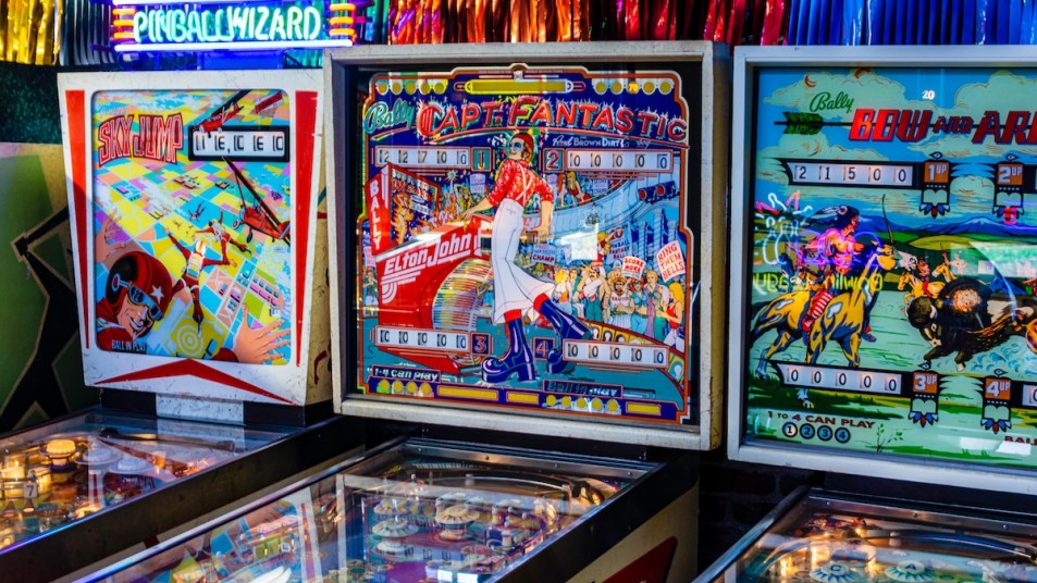 Duncannon Pennsylvania USA 11-9-2019 three colorful vintage pinball machines in arcade