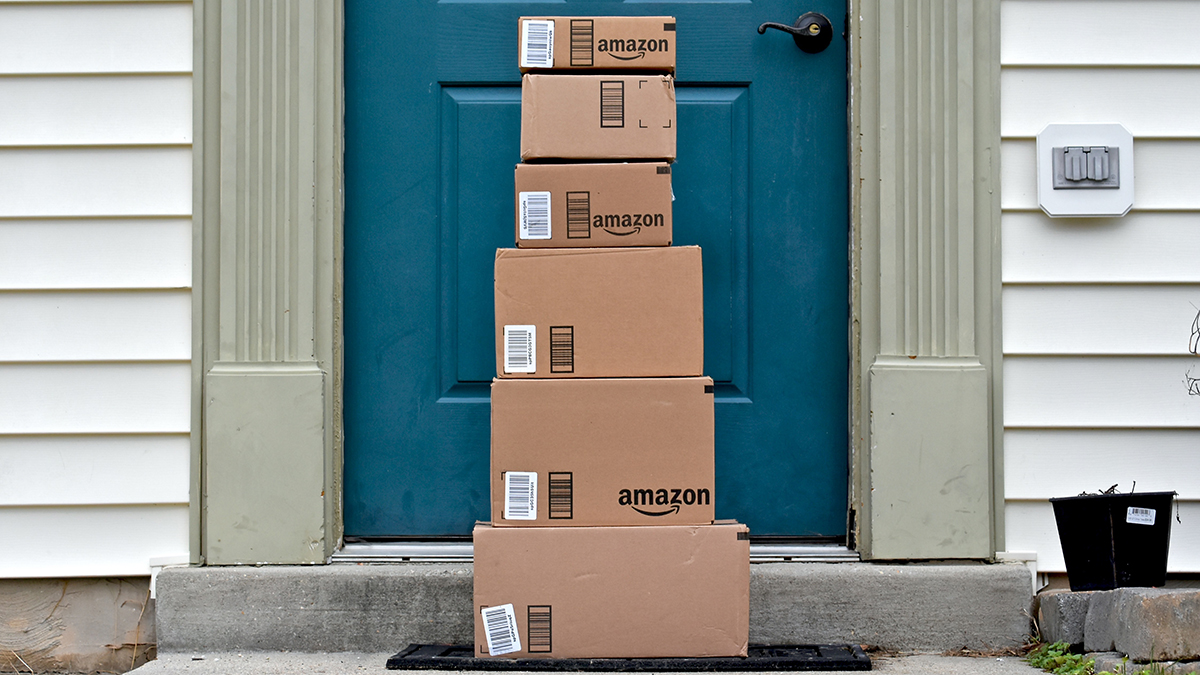 A pyramid of Amazon boxes