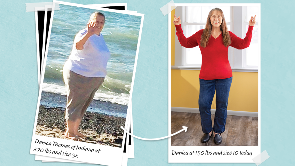 Before and after of Danica Thomas who lost 220 lbs with allulose sweetener