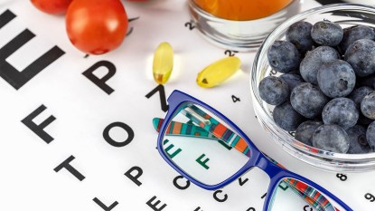 vision chart with glasses and foods for healthy vision on top
