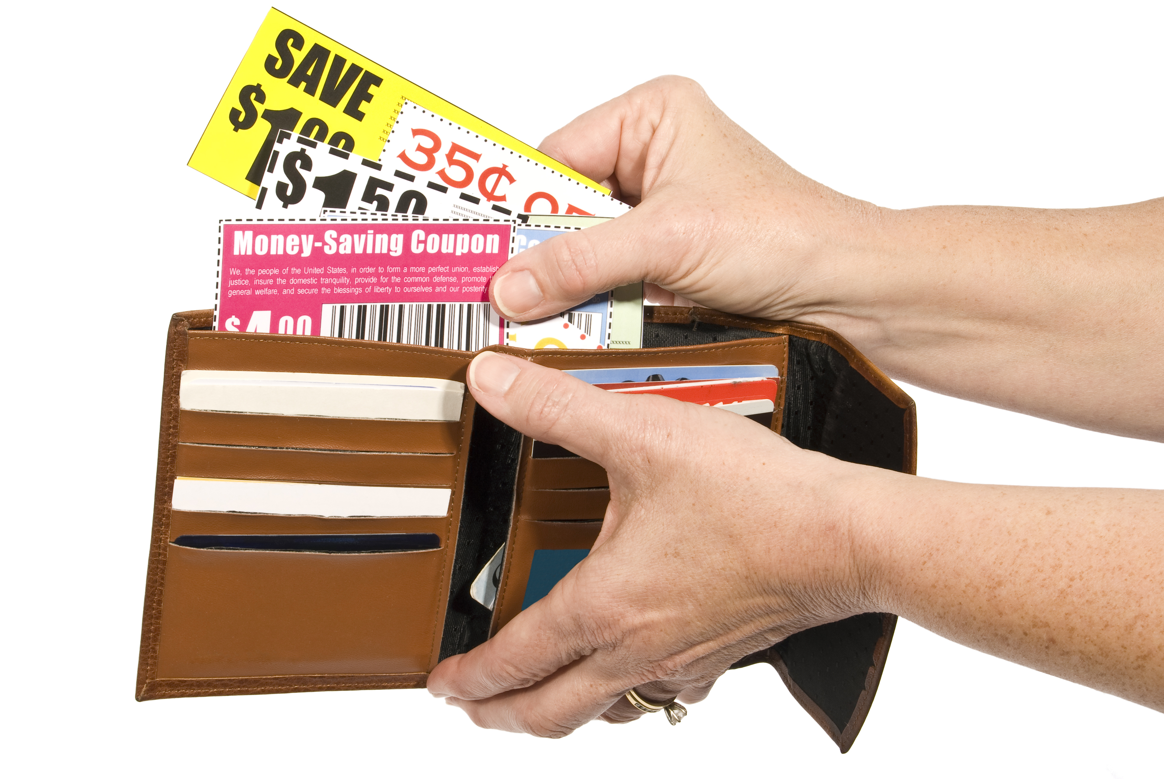 Hands holding a wallet with coupons